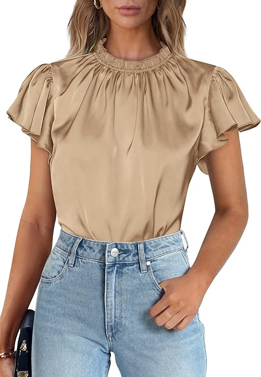 PRETTYGARDEN Business Casual Tops for Women Blouses Dressy 2025 Summer Short Sleeve Ruffle Satin ... | Amazon (US)