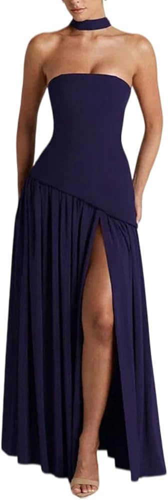 Women's Strapless Maxi Dress with Scarf Elegant High Slit Evening Gown for Wedding Guest Formal C... | Amazon (US)