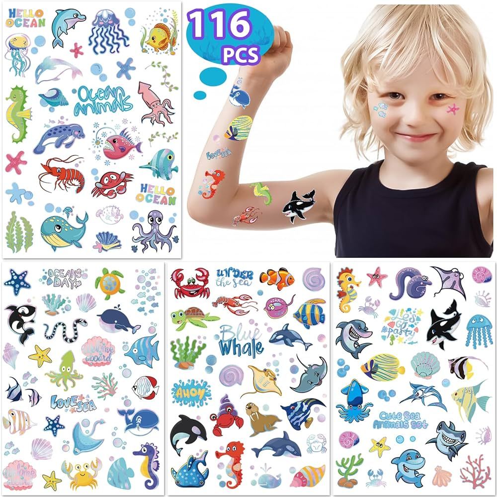 116 PCS Ocean Sea Animal Kids Temporary Tattoos, Cute Fish Metallic Styles Underwater Tattoo Stic... | Amazon (US)