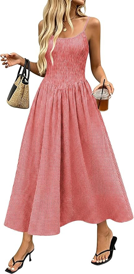 Relipop Women's Summer Midi Dresses 2026 Casual Plaid Sleeveless Spaghetti Strap Smocked Tiered B... | Amazon (US)