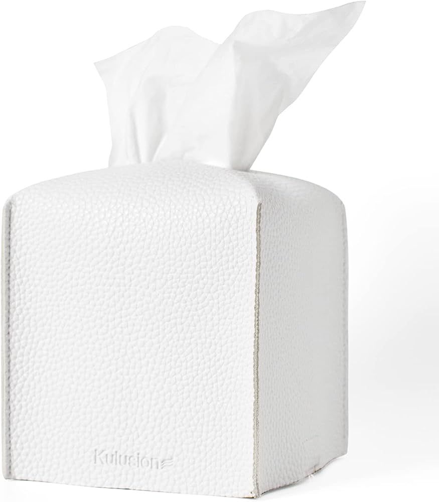 Tissue Box Cover, White Tissue Paper Covers Square for Tissues Cube Box, Vanity Faux Leather Tiss... | Amazon (US)