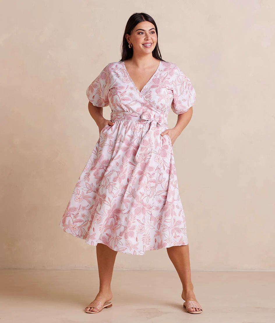 The Coastal Poplin Puff-Sleeve Wrap Midi Dress | SummerSalt