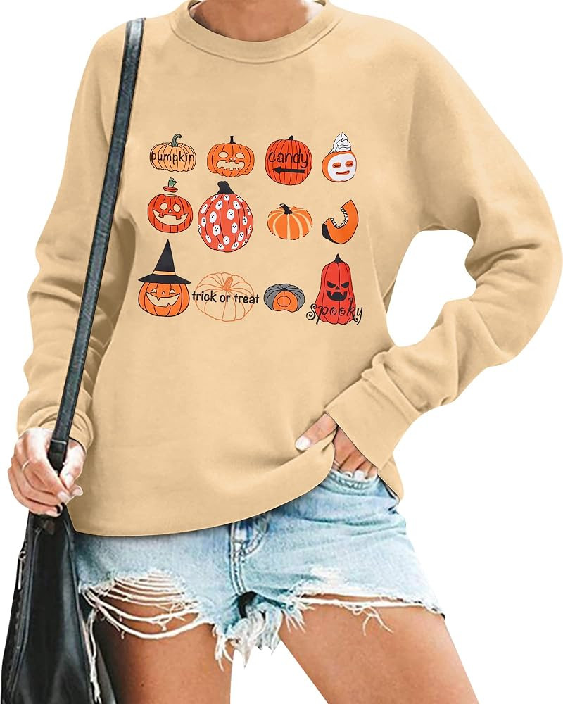 VILOVE Womens Halloween Pumpkin Sweatshirts Loose Graphic Crewneck Long Sleeve Casual Pullover Shirt | Amazon (US)