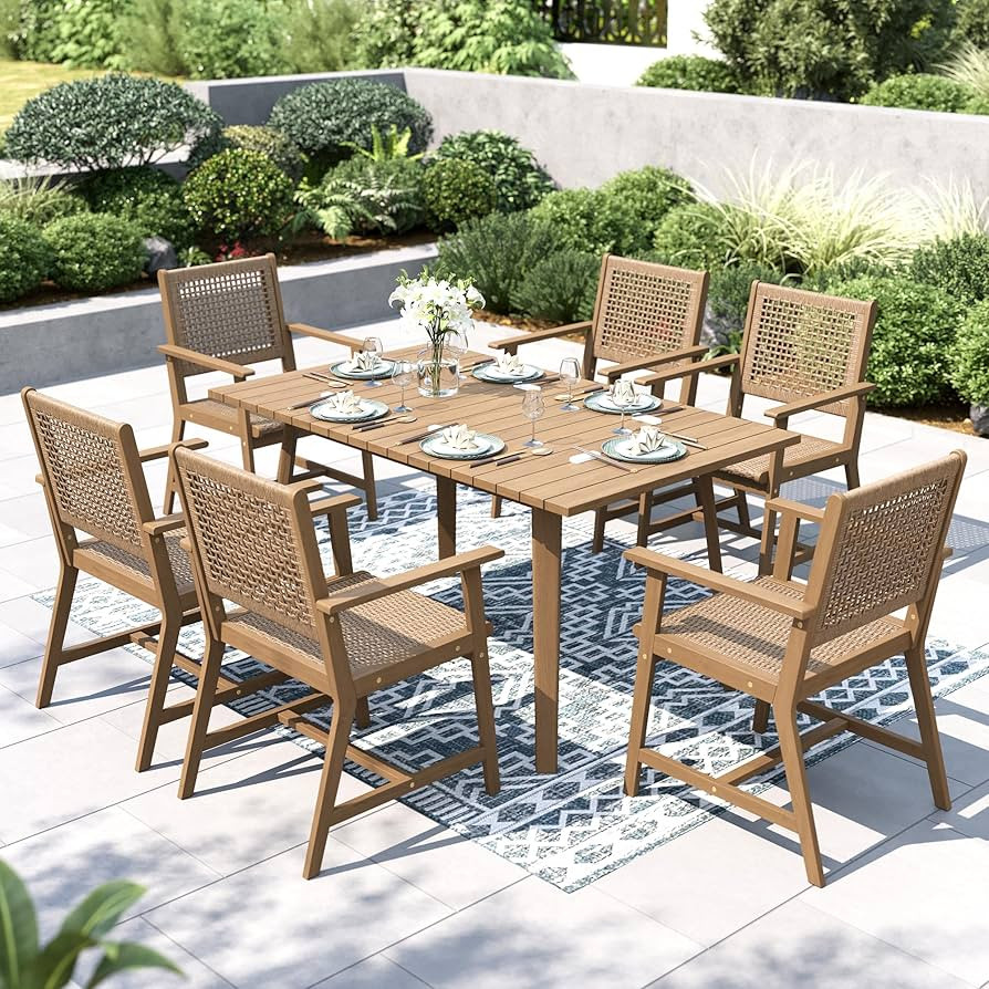 PHI VILLA 7 Pieces Acacia Wood Outdoor Dining Set for 6, Teak Large Wooden Table & Chairs with Wi... | Amazon (US)