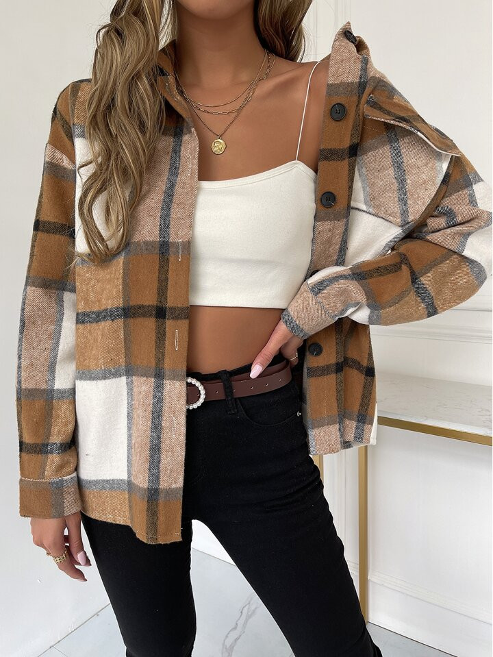 SHEIN LUNE Plaid Flap Pocket Drop Shoulder Coat | SHEIN