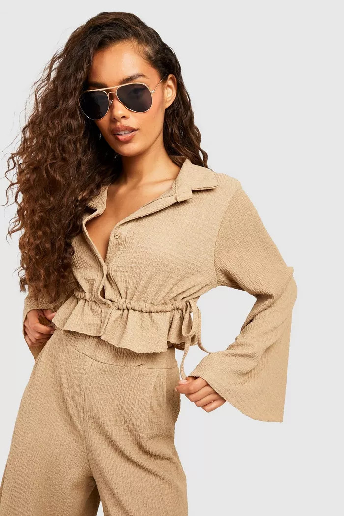 Tonal Crinkle Elasticated Waist Shirt | Boohoo.com (UK & IE)