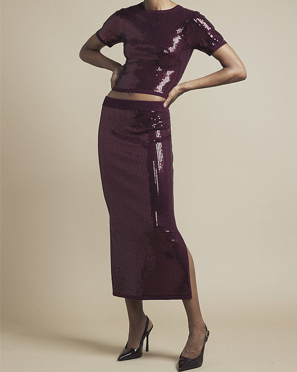 Red knit sequin midi skirt | River Island (UK & IE)