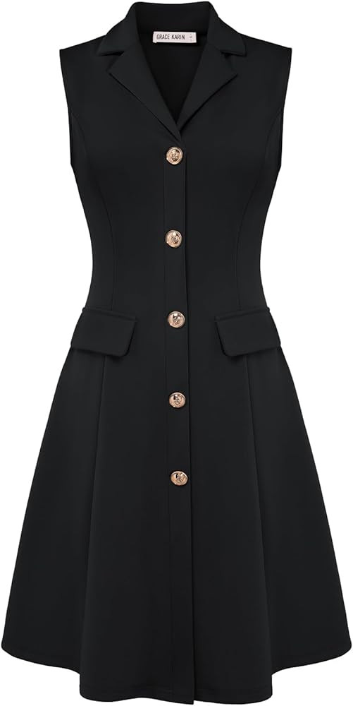 GRACE KARIN Work Dresses for Women 2026 Sleeveless Button Business Midi Dress Notch Lapel V Neck ... | Amazon (US)