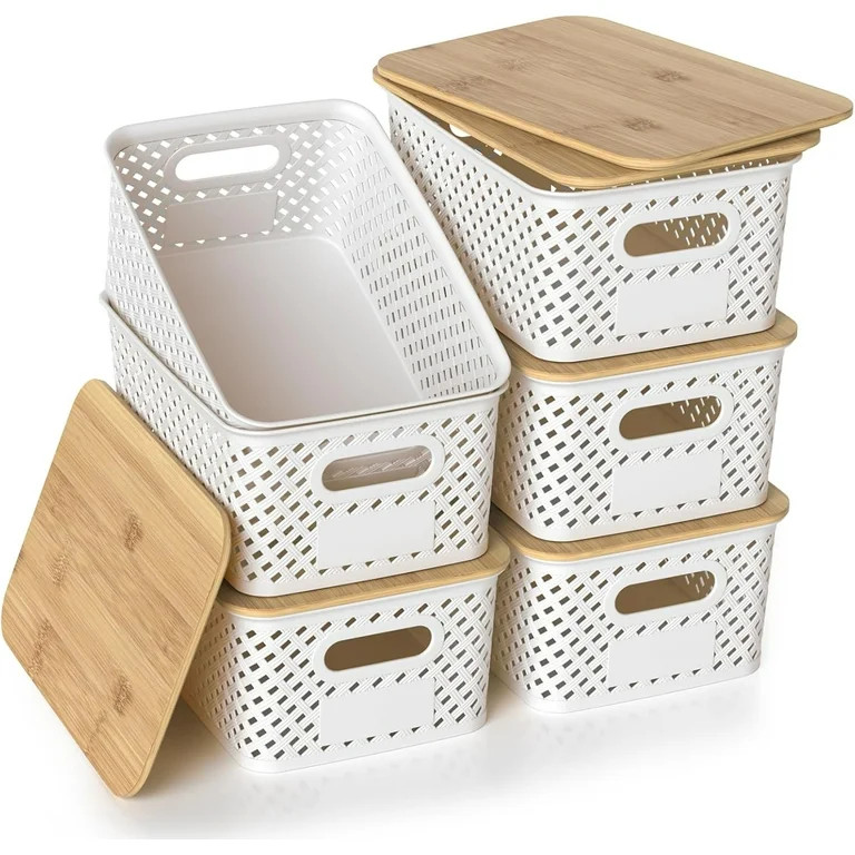 Plastic Storage Bins with Bamboo Lids, Stackable Small Box Baskets for Organizing and Containers ... | Walmart (US)