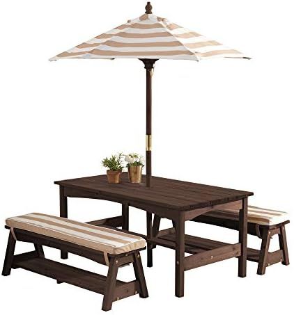 KidKraft Outdoor Table and Bench Set with Cushions and Umbrella, Kids Backyard Furniture, Espress... | Amazon (US)