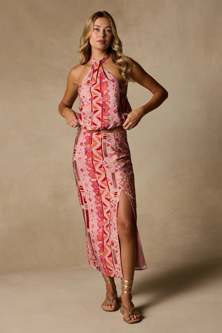 Lindley Pink Multi Boho Print Midi Skirt | Lulus