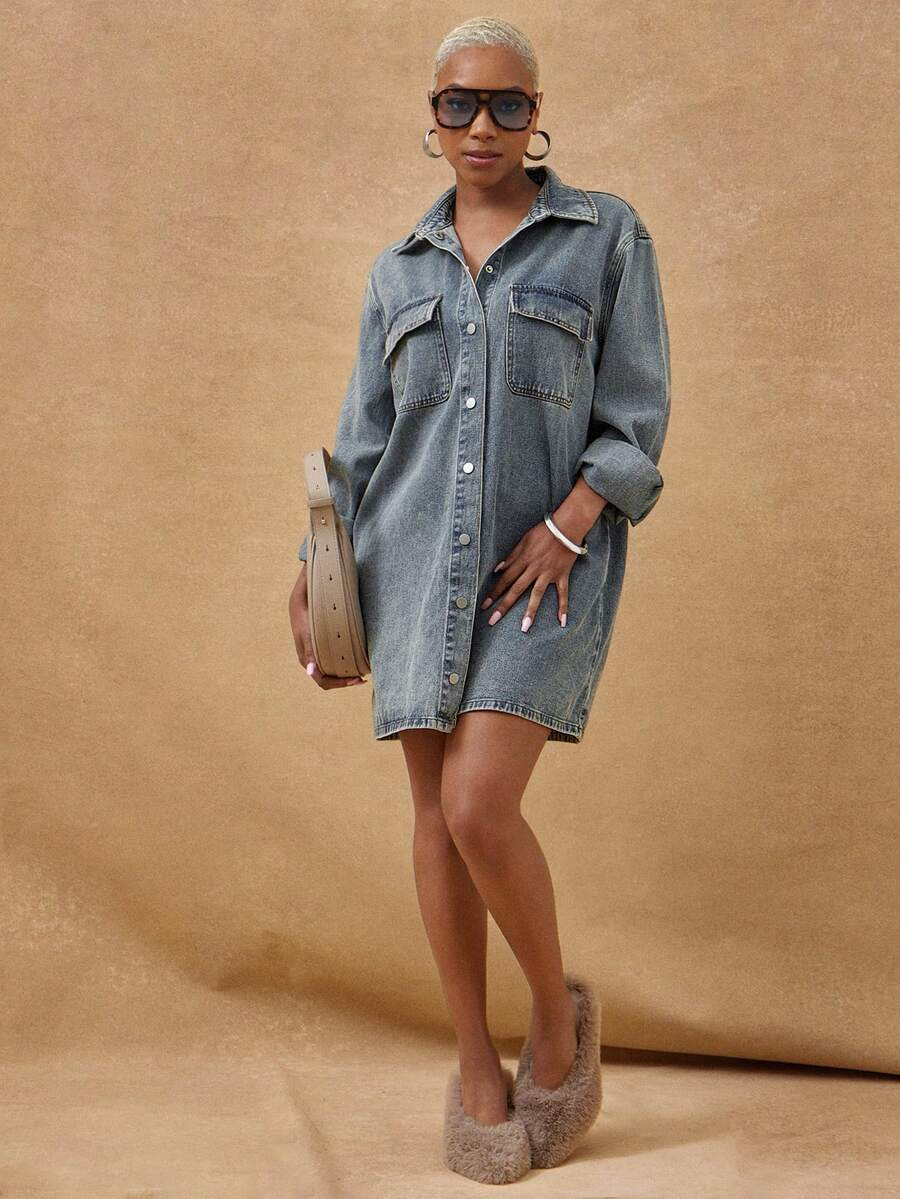 Vixey Casual Long Sleeve Pointed Collar Button Up Denim Dress, Elevated Off Duty, Chic, Street St... | SHEIN