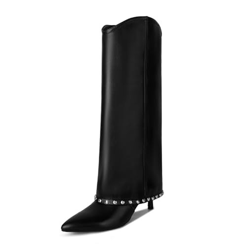 wetkiss Black Fold Over Boots for Women Black Knee High Boots for Women Knee High Fold Over Shark Boots Tall Boots Knee High Stiletto Pointed Toe Boots Wide Calf Long Boots Black Thigh High Boots | Amazon (US)