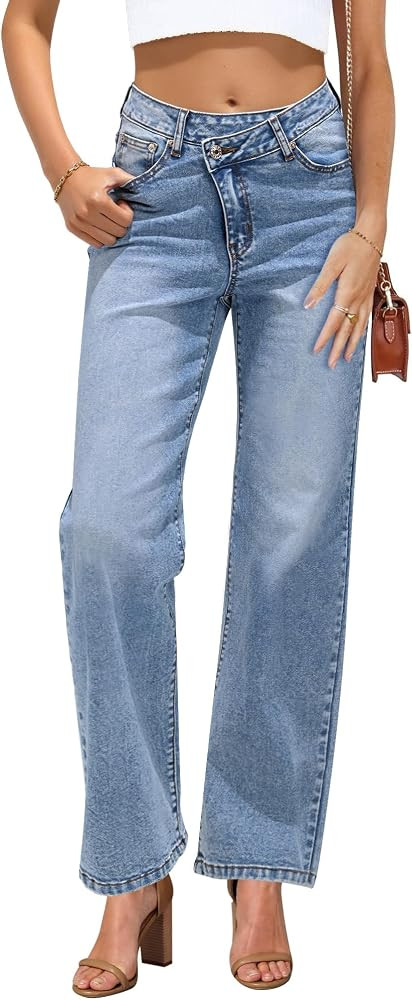 GRAPENT Baggy Jeans for Women High Waisted Straight Leg Crossover Trendy Stretch Denim Pants Slou... | Amazon (US)