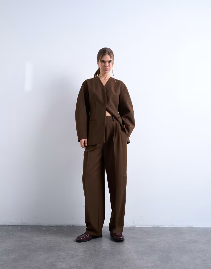 Topshop double pleated slouchy pants in chocolate - part of a set-Brown | ASOS (Global)
