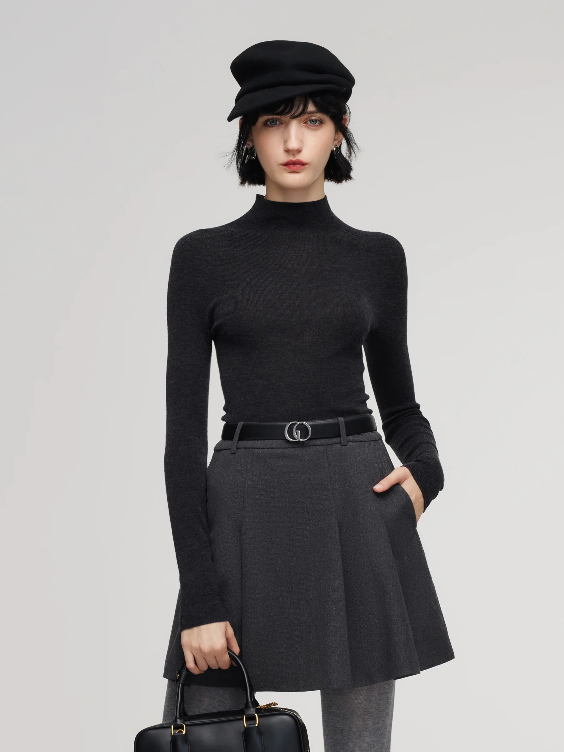 100% Wool Seamless Mock Neck Women Knit Top - Dark Grey / M | GOELIA