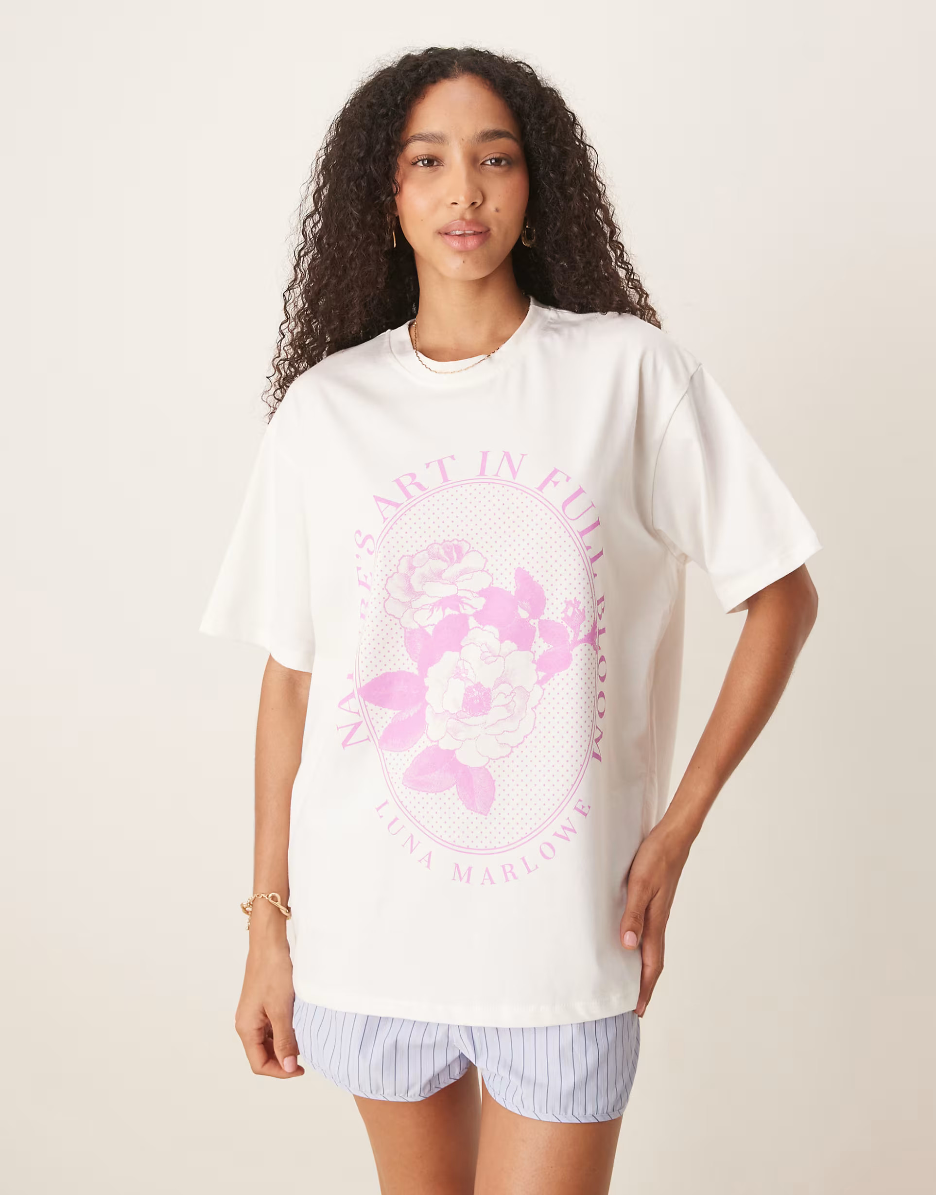 ASOS DESIGN oversized T-shirt with lilac flower graphic in cream | ASOS (Global)