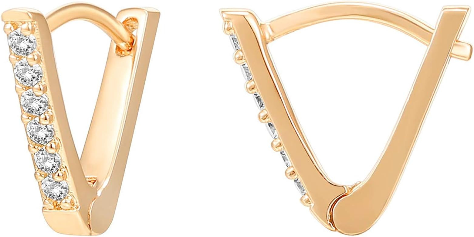 14K Gold Plated Sterling Silver Post V-Shaped Huggie Earrings - Cubic Zirconia Studded Small Hoop... | Amazon (US)