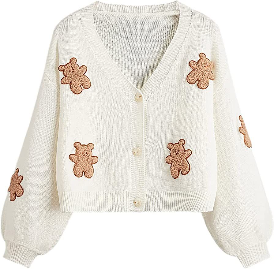 Milumia Women's Drop Shoulder Bear Embroidery Cardigan | Amazon (US)