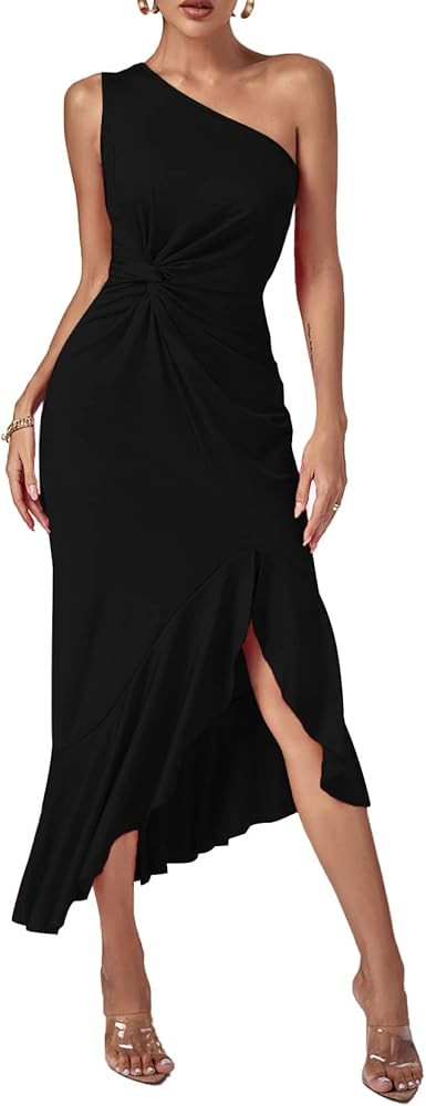 Vrtige Women's One Shoulder Twist Front Split Ruffle Hem Sleeveless Bodycon Midi Cocktail Dress | Amazon (US)