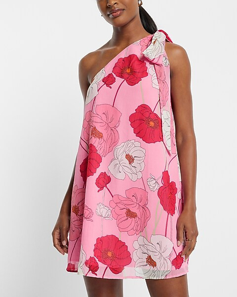 Floral Print Tie One Shoulder Mini Shift Dress | Express