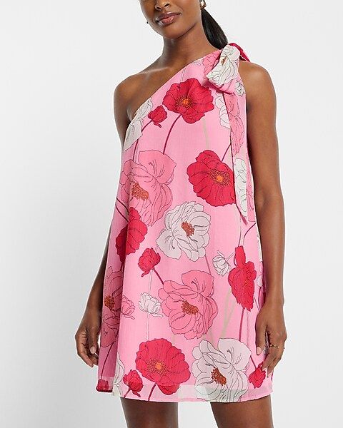 Floral Print Tie One Shoulder Mini Shift Dress | Express