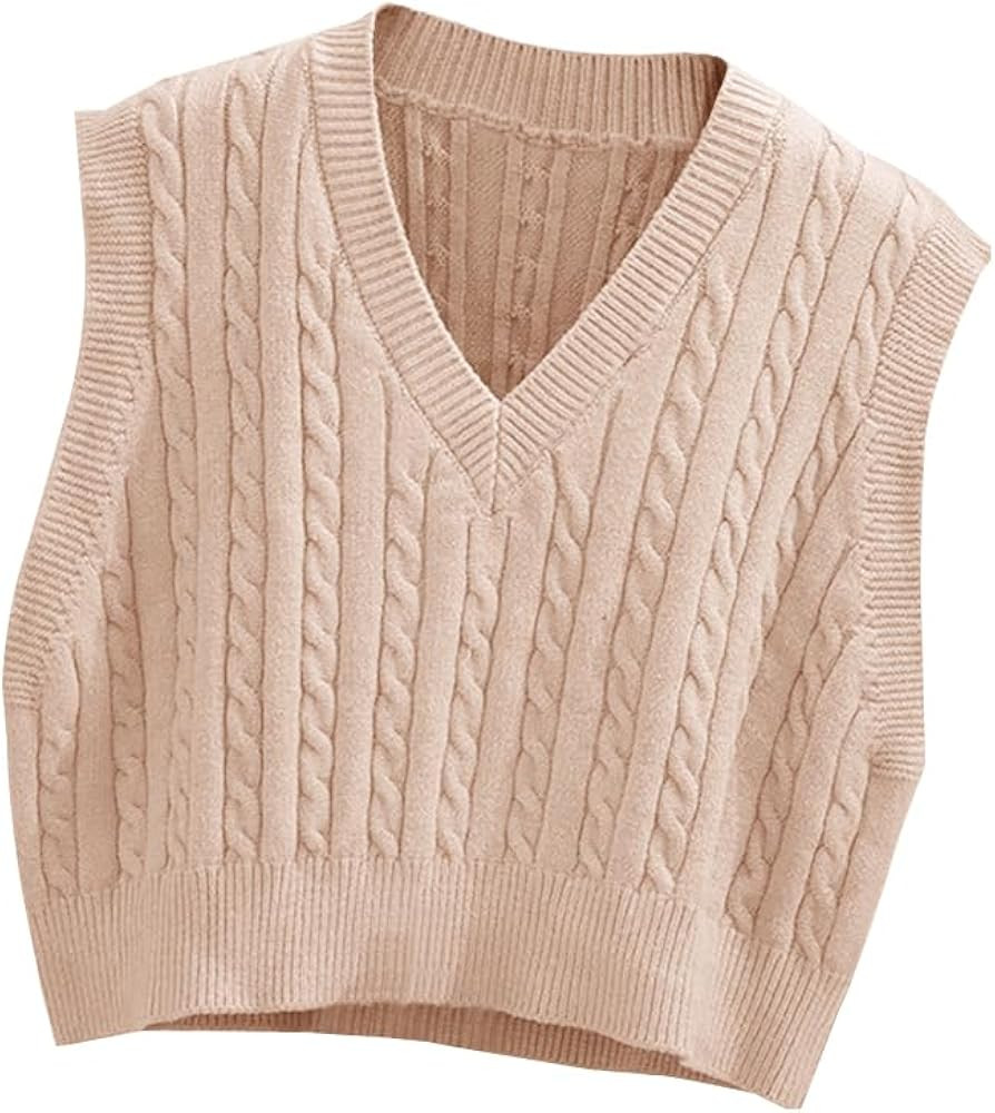 Lailezou Women's V-Neck Knit Sweater Vest Solid Color Argyle Plaid Preppy Style Sleeveless Crop K... | Amazon (US)