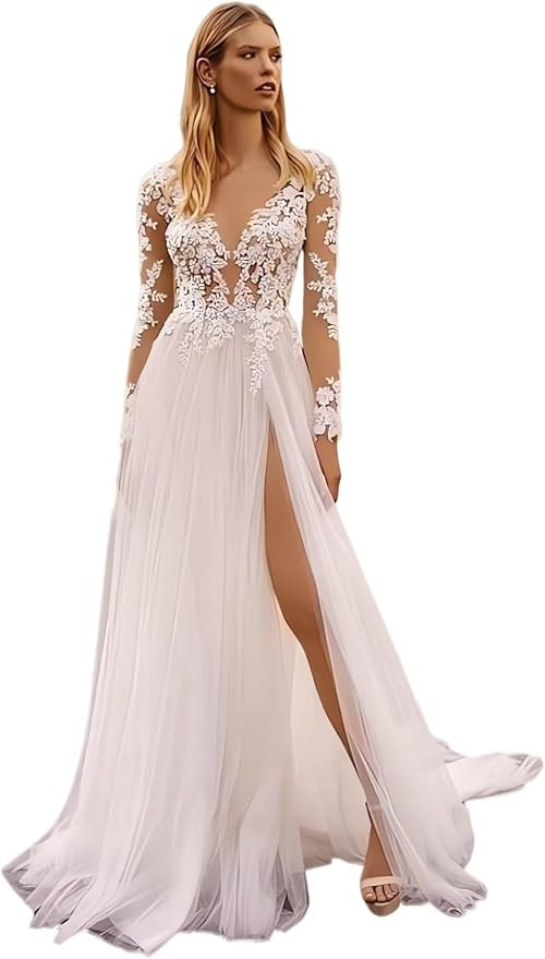 Long Sleeves Wedding Dresses for Bride 2024 Boho Beach A-Line Appliques Lace Bridal Ball Gowns wi... | Amazon (US)