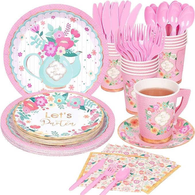 DECORLIFE Tea Party Supplies Serves 16, Tea Party Plates and Napkins Sets Include Paper Saucers, ... | Amazon (US)