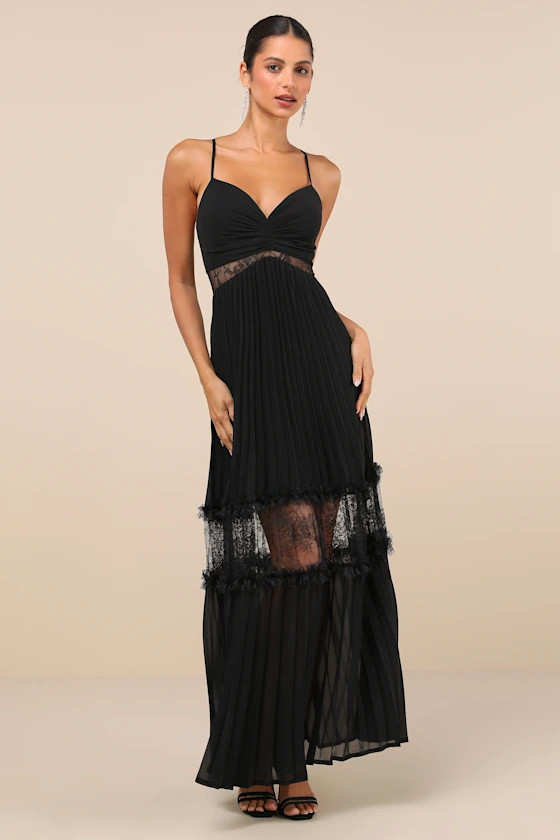 Deeply Stunning Black Lace Pleated Lace-Up Backless Maxi Dress | Lulus