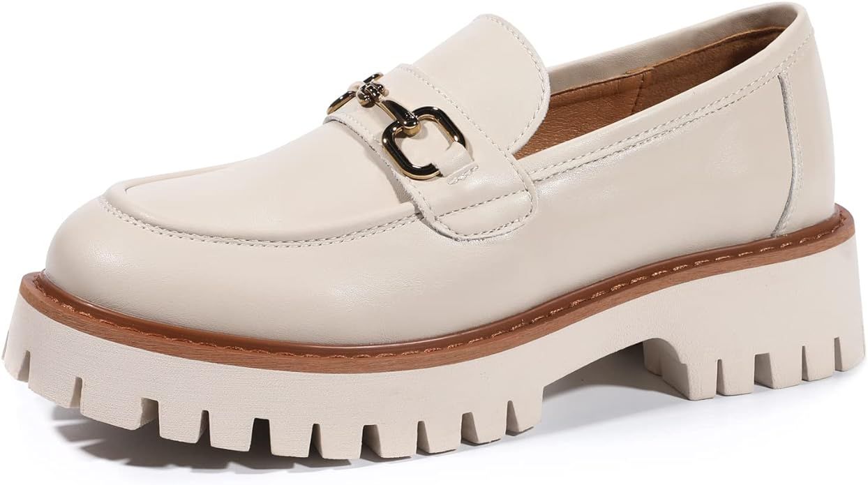 MACNMEUU Platform Loafers for Women Chunky Heel Lug Sole Loafers Slip ons Round Toe | Amazon (US)