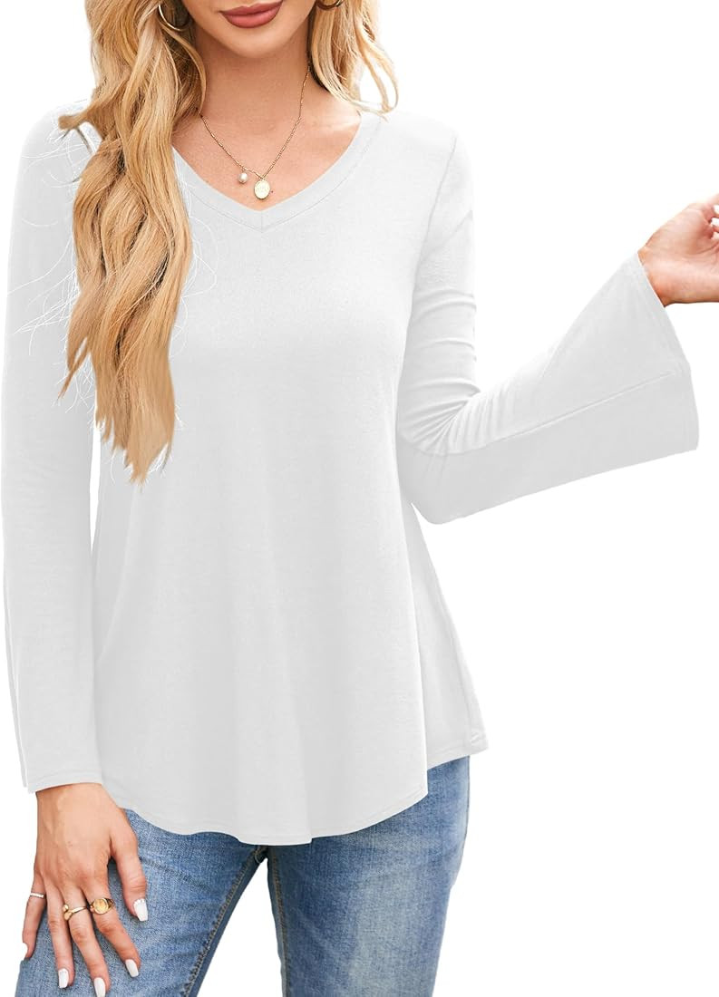 Amoretu Womens V Neck Tshirts Bell Long Sleeve Shirts Swing Tunic Tops | Amazon (US)