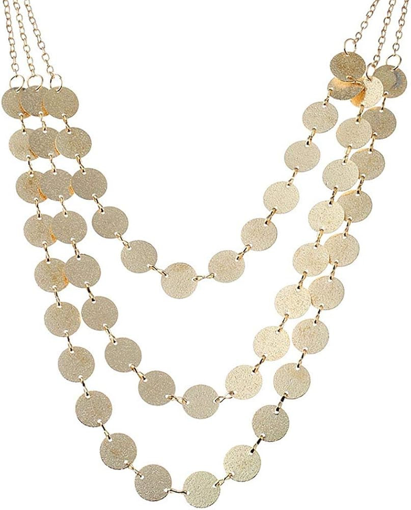 Gold Color Disc Round Sequins Coins Tassel Choker Necklace for Women Multi-Layer Ladies Bib Neckl... | Amazon (US)