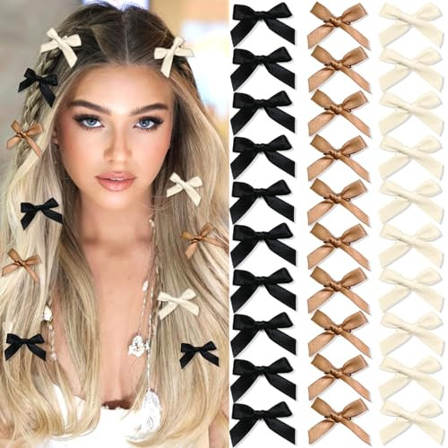 SAWINDA 30PCS Mini Hair Bows Beige Black Brown Small Bows for Hair Silky Satin Bows for Women Cute Hair Ribbon Bowknot Barrettes Sweet Alligator Hair Bow Clips Accessories for Teens and Girls | Amazon (US)
