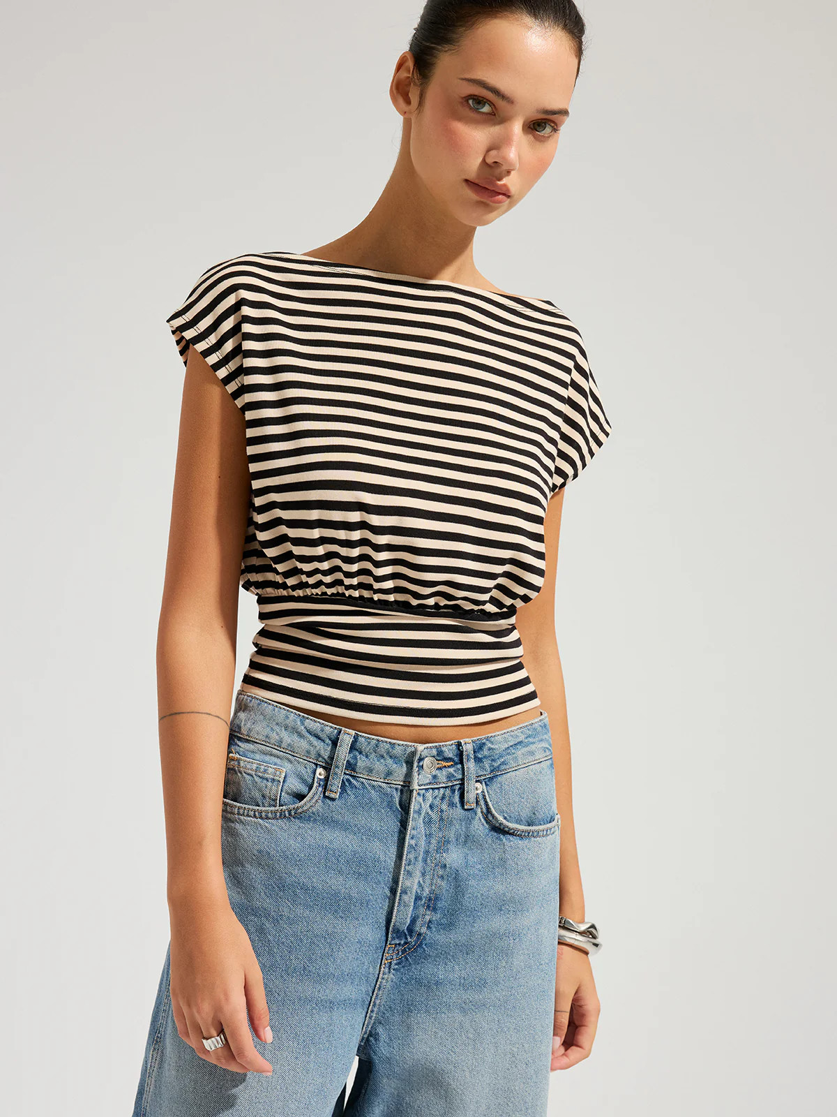 Striped Boat Neck Cinched Waist Top | Commense