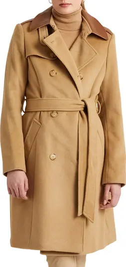 Tie Waist Faux Leather Trim Wool Blend Coat | Nordstrom