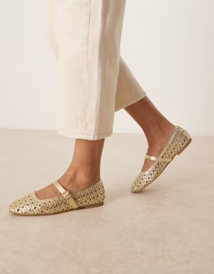ASOS DESIGN Wide Fit Lottie mary jane ballet flats in gold weave | ASOS | ASOS (Global)