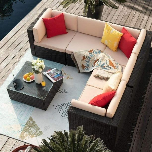 Devoko 6 Pieces Patio Furniture Set Outdoor Sectional Sofa, Beige, Wicker, Rattan, Steel | Walmart (US)