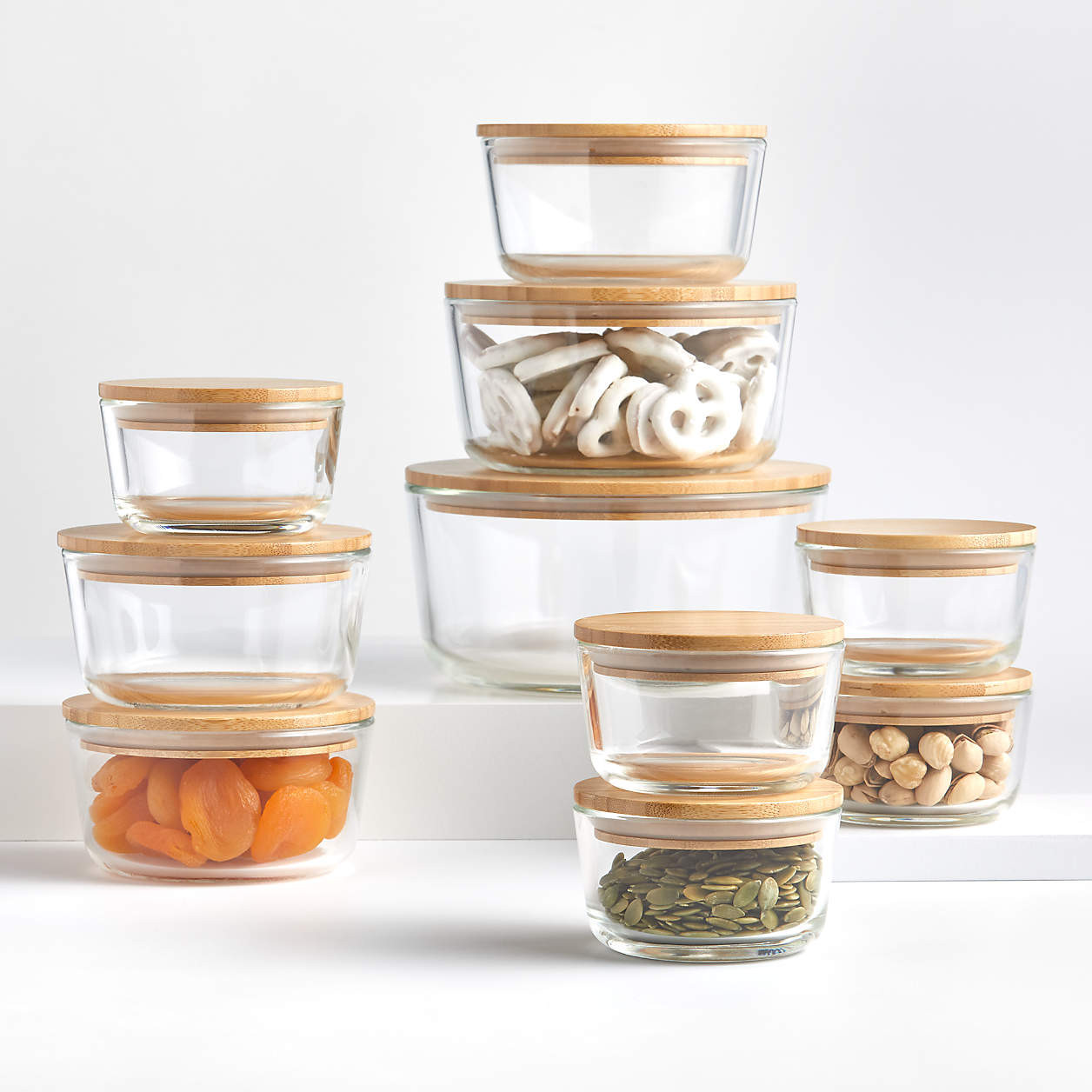 Crate & Barrel 20-Piece Round Glass Food Storage Set with Bamboo Lids + Reviews | Crate & Barrel | Crate & Barrel