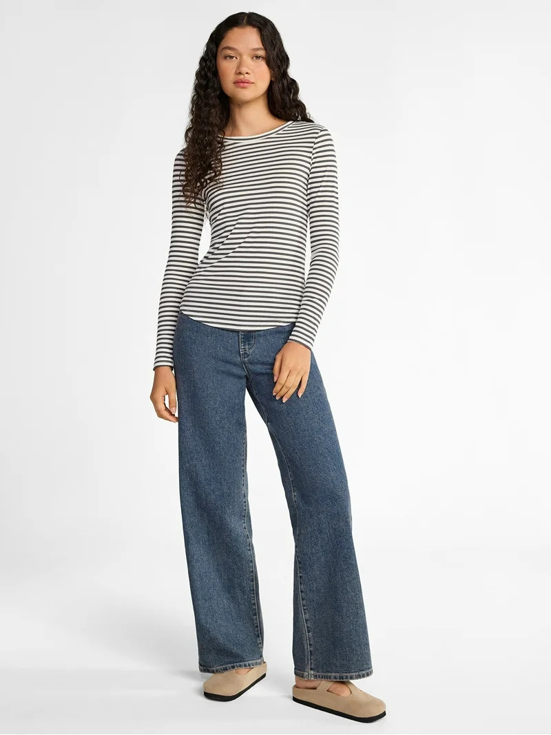 No Boundaries Ribbed Crewneck Tee with Long Sleeves, 1 or 2-Pack, Women's & Women's Plus XXS-XXL | Walmart (US)