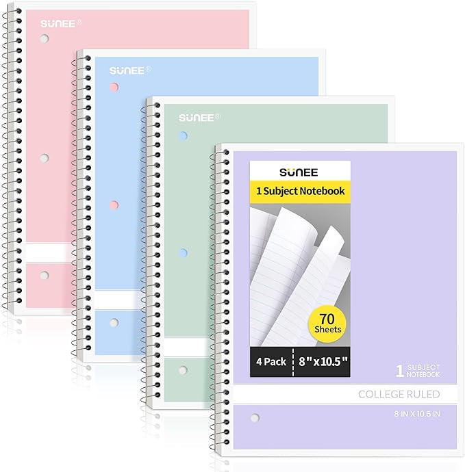 SUNEE Spiral Notebooks College Ruled, 1-Subject, 4 Pack, 8 x 10-1/2 in, 70 Sheets, 3-Hole Punched... | Amazon (US)