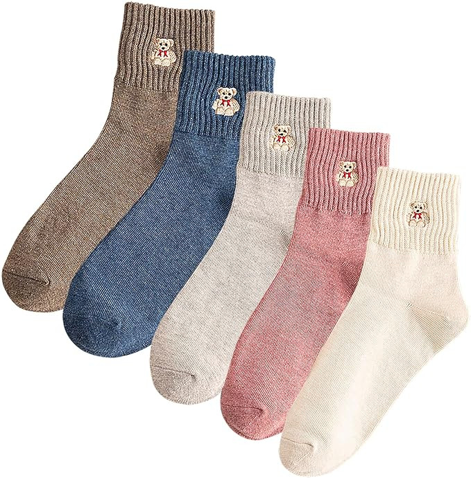 5 Pairs Women Socks Cute Cartoon Animal Ankle Embroidery Bear Casual for Women Socks | Amazon (US)