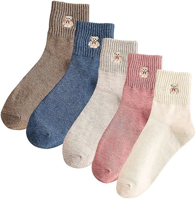 Xhonp 5 Pairs Women Socks Cute Cartoon Animal Ankle Embroidery Bear Casual for Women Socks | Amazon (UK)