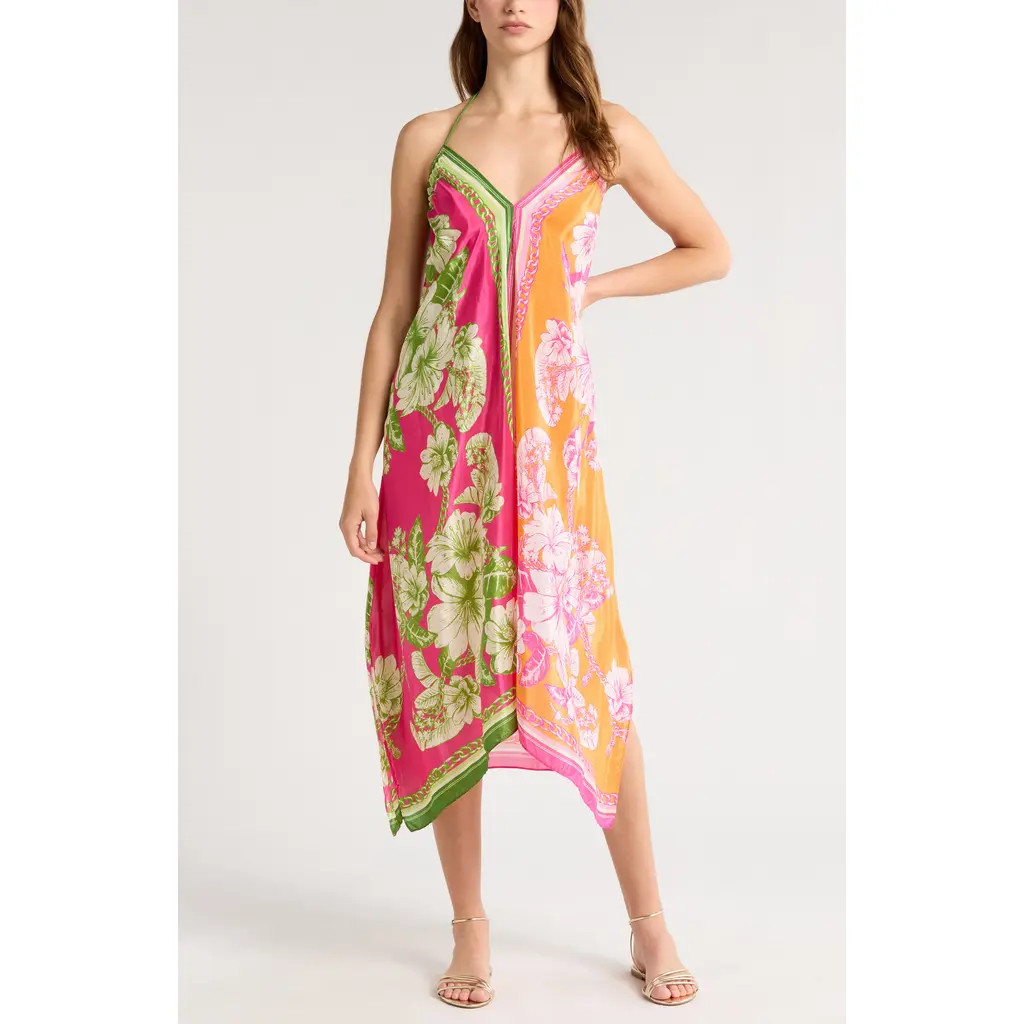 FARM Rio Floral Elegance Scarf Print Halter Cover-Up Dress in Pink Multi at Nordstrom, Size Large | Nordstrom