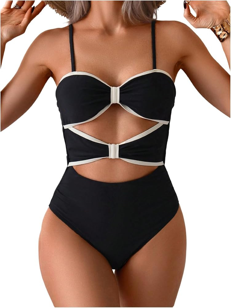 Verdusa Women's Cut Out Colorblock One Piece Swimsuit Tie Back Swimwear Bathing Suit | Amazon (US)