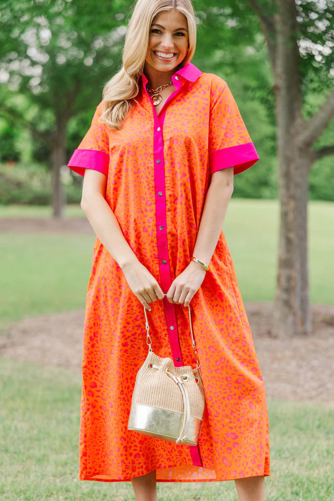 Just A Good Start Orange Leopard Midi Dress | The Mint Julep Boutique