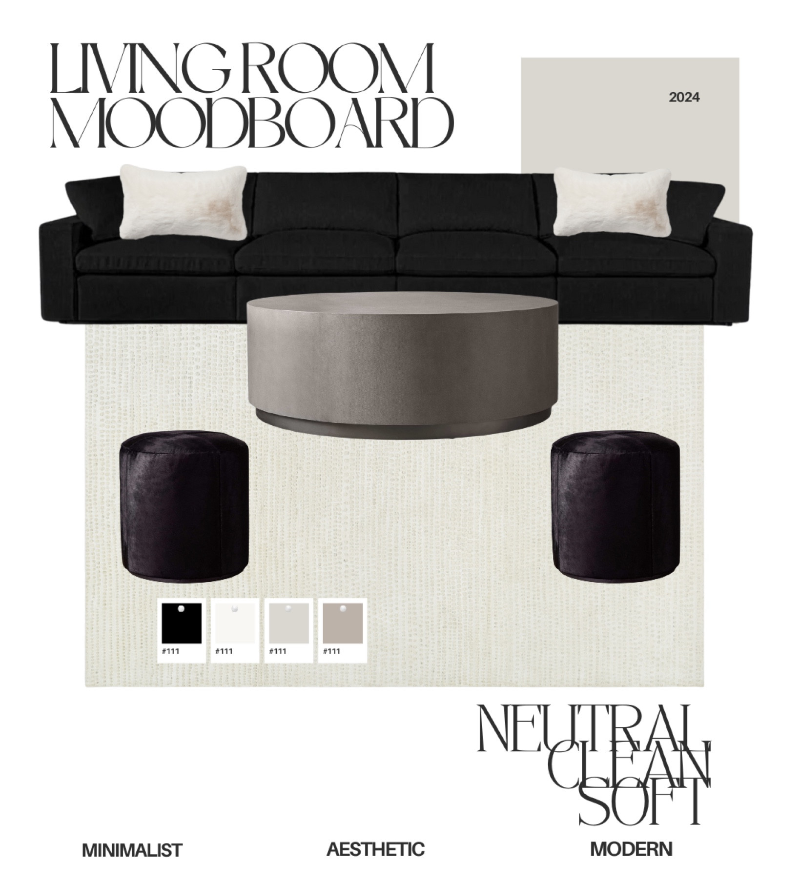 High end, luxury designer living room with a black sofa, grey arhaus coffee table, black poufs, neutral white rug, soft throw pillows. 

#LTKstyletip #LTKhome #LTKSeasonal