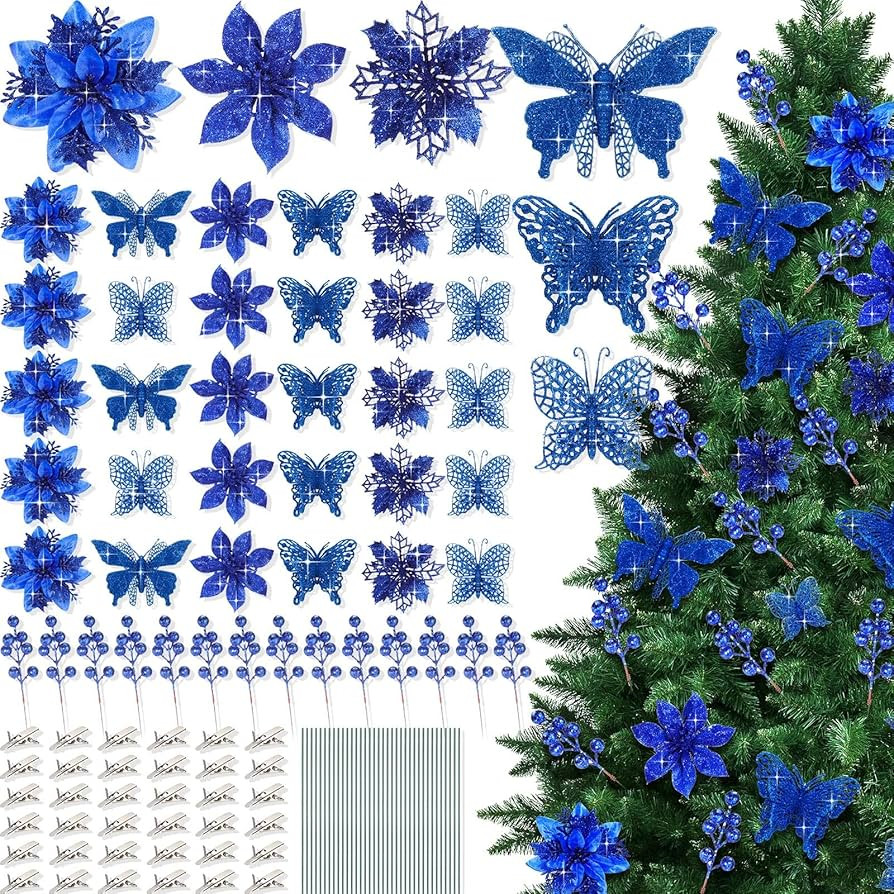 122 Pcs Christmas Glitter Poinsettia Artificial Flowers Berry Picks Butterfly Christmas Tree Orna... | Amazon (US)