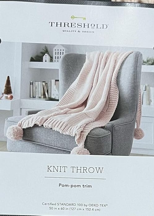 Knit Throw with Pom Tassels Throw Blanket - Threshold Pink | Amazon (US)