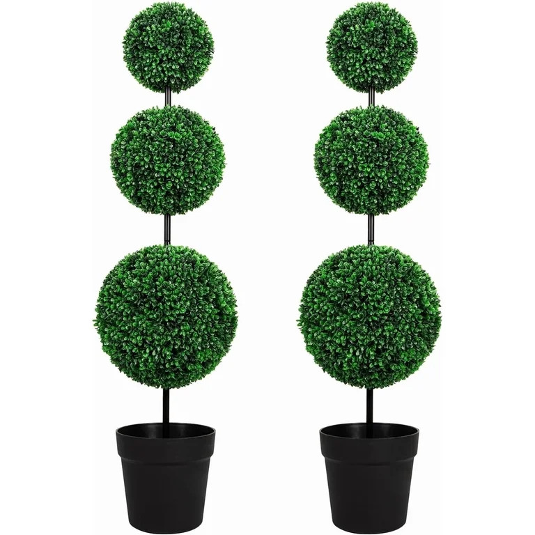 ROMSWI 4FT Artificial Triple Ball Boxwood Topiary Tree 2 Pack UV Resistant Faux Topiary Plant for... | Walmart (US)